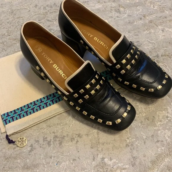 Tory Burch Black Studded Loafers with Gold Details - Picture 1 of 10